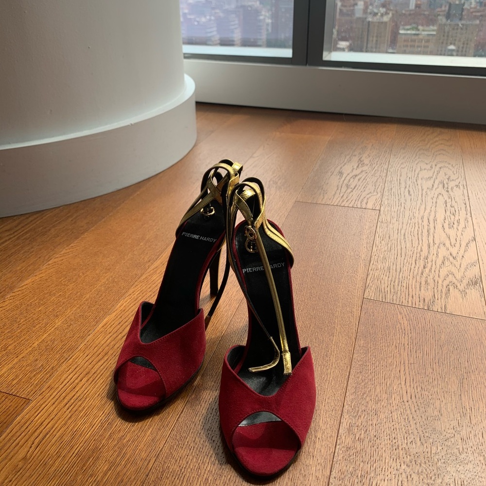 Pierre Hardy Red Velvet suede gold leather heel
